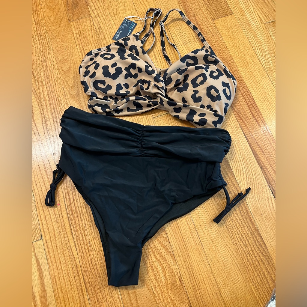Leopard Print Bikini Top And Black Bottoms